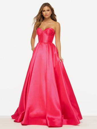 レッド プロムドレス Aライン 恋人ネック サテン生地 ノースリーブ プリーツ パーティードレス