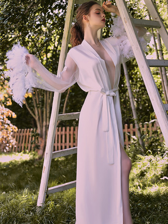 ロングナイトガウン ホワイト シック 薄手 羽 サテン生地 大人のランジェリー