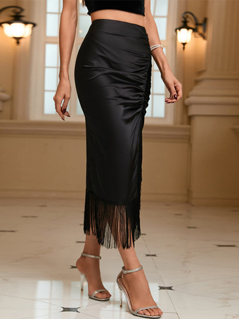 黒のフルスカート プリーツ スリット フリンジ付きセクシーなボトムス