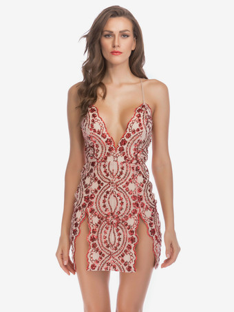 レッド セクシークラブドレスバックレスプランジスリット超セクシードレス