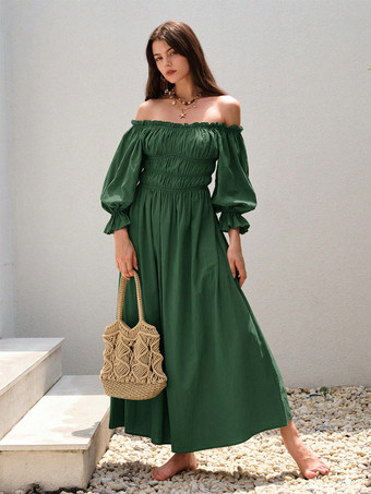 Off The Shoulder Dress Pleated Daily Casual Maxi Dresses In Green