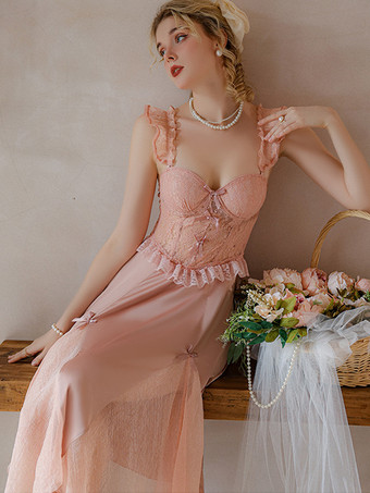 ソフトピンクロングナイトガウン ブラック レース 薄手 サテン生地 ラウンジ 大人のランジェリー