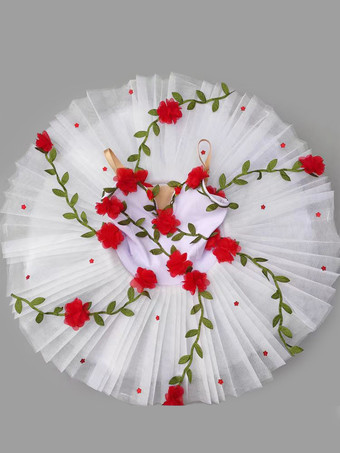 ホワイト バレエドレス ホワイト 女の子 子供 バレリーナ 花 ポリエステル ドレス セット パフォーマンスウェア