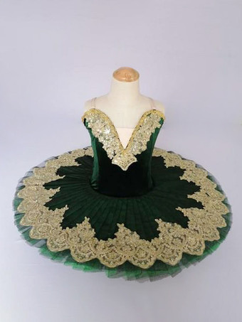 ダークグリーンバレエ ドレス ブルー 女の子 子供用 バレリーナ スパンコール レース レース ポリエステル ドレス セット パフォーマンスウェア