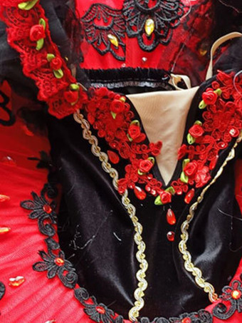 バレエ ドレス レッド 女の子 大人用 バレリーナ ラインストーン 花 レース ポリエステル ドレス セット パフォーマンスウェア