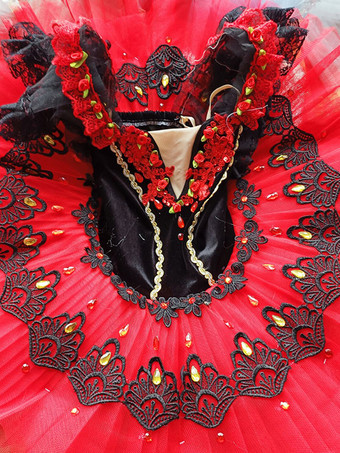 バレエ ドレス レッド 女の子 大人用 バレリーナ ラインストーン 花 レース ポリエステル ドレス セット パフォーマンスウェア