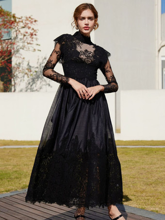 Black Party Dresses High Collar Embroidered Long Sleeves Sheer Maxi Dress