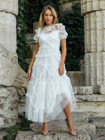 ホワイト フリルドレス イリュージョンネックライン フリル レイヤードチュール マキシドレス