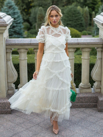 フリルドレス イリュージョンネックライン フリル レイヤードチュール マキシドレス