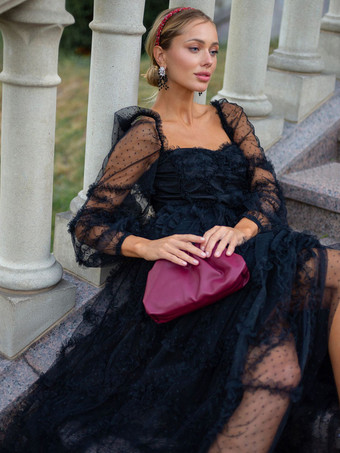 フリルドレス イリュージョンスリーブ ポルカドット レイヤード パーティー プロムドレス