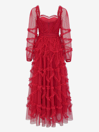 フリルドレス イリュージョンスリーブ ポルカドット レイヤード パーティー プロムドレス