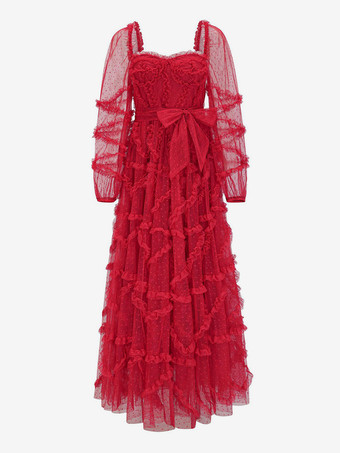 フリルドレス イリュージョンスリーブ ポルカドット レイヤード パーティー プロムドレス