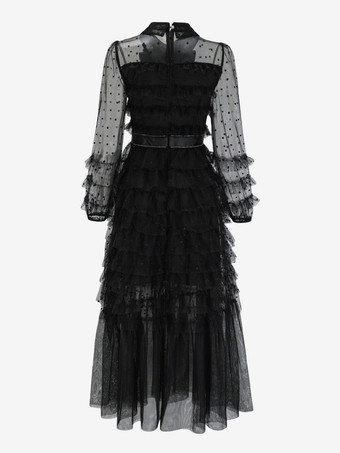 ブラック レイヤリング ドレス ハイカラー ボウタイ ポルカ ドット パーティー マキシ ドレス