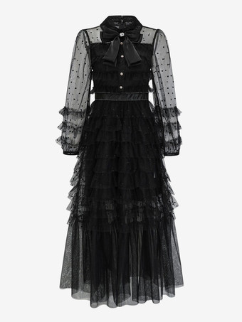 ブラック レイヤリング ドレス ハイカラー ボウタイ ポルカ ドット パーティー マキシ ドレス