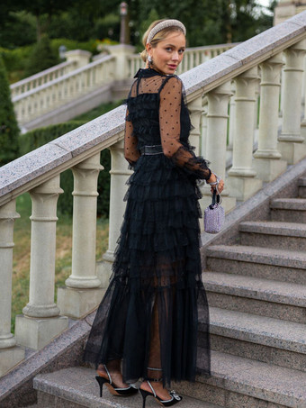 ブラック レイヤリング ドレス ハイカラー ボウタイ ポルカ ドット パーティー マキシ ドレス