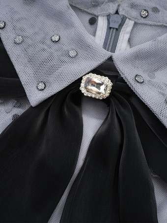 ブラック レイヤリング ドレス ハイカラー ボウタイ ポルカ ドット パーティー マキシ ドレス