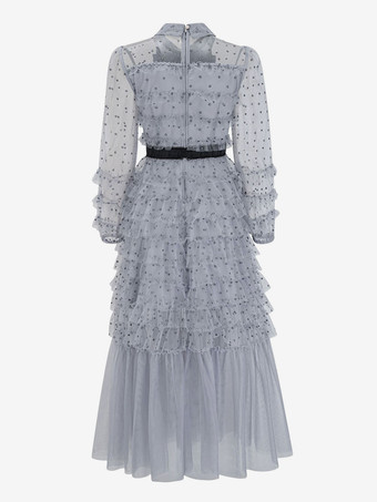 ブラック レイヤリング ドレス ハイカラー ボウタイ ポルカ ドット パーティー マキシ ドレス