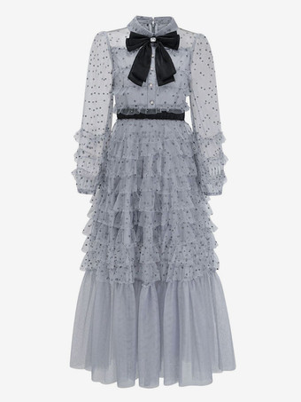 ブラック レイヤリング ドレス ハイカラー ボウタイ ポルカ ドット パーティー マキシ ドレス