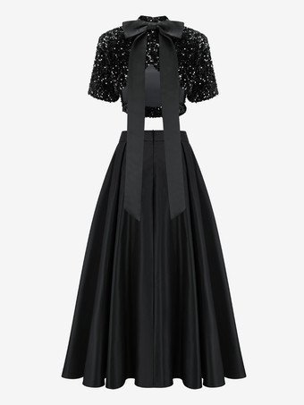 スパンコール半袖クロップトップとハイウエストオーバースカート2点セット