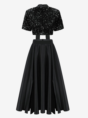 スパンコール半袖クロップトップとハイウエストオーバースカート2点セット