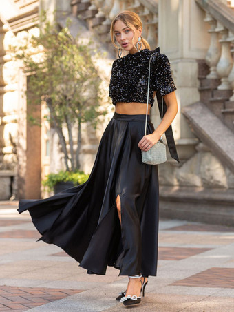ブラック スパンコール半袖クロップトップとハイウエストオーバースカート2点セット