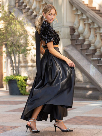 スパンコール半袖クロップトップとハイウエストオーバースカート2点セット