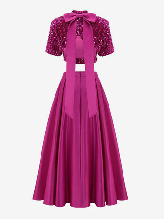 スパンコール半袖クロップトップとハイウエストオーバースカート2点セット