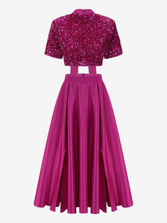 スパンコール半袖クロップトップとハイウエストオーバースカート2点セット