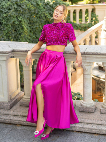 スパンコール半袖クロップトップとハイウエストオーバースカート2点セット