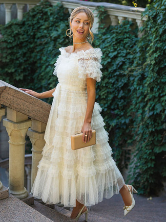 アプリコットパーティー マキシ ドレス 装飾襟 フリル ポルカ ドット シアー セミフォーマル ドレス