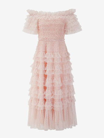 パーティー マキシ ドレス 装飾襟 フリル ポルカ ドット シアー セミフォーマル ドレス