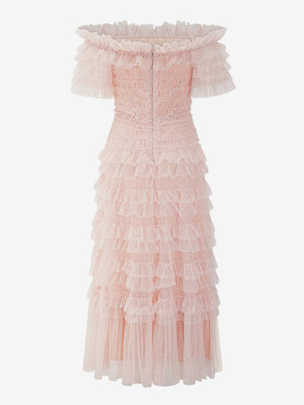 パーティー マキシ ドレス 装飾襟 フリル ポルカ ドット シアー セミフォーマル ドレス