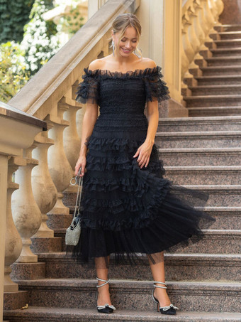 ブラック パーティー マキシ ドレス 装飾襟 フリル ポルカ ドット シアー セミフォーマル ドレス