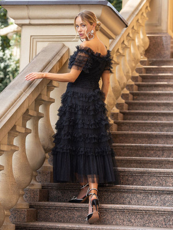 パーティー マキシ ドレス 装飾襟 フリル ポルカ ドット シアー セミフォーマル ドレス