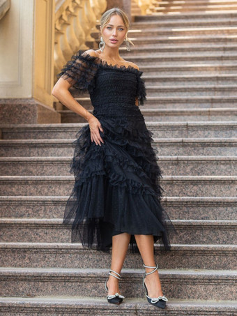 パーティー マキシ ドレス 装飾襟 フリル ポルカ ドット シアー セミフォーマル ドレス