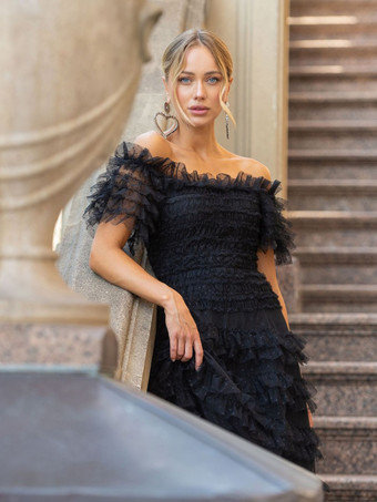 パーティー マキシ ドレス 装飾襟 フリル ポルカ ドット シアー セミフォーマル ドレス