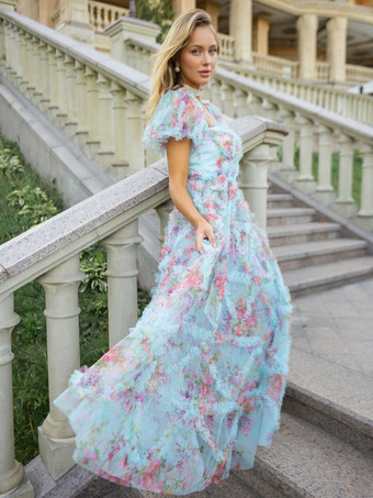 ライトスカイブルー花柄ドレス 花柄パフスリーブ ベルト付き スイート パーティー プロム マキシドレス