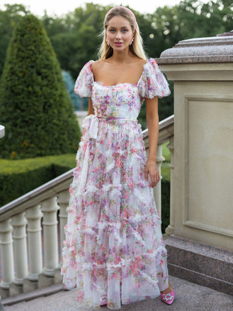 ホワイト 花柄ドレス 花柄パフスリーブ ベルト付き スイート パーティー プロム マキシドレス