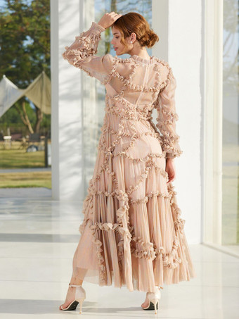 Vestido con volantes Ilusión Manga larga Cuello alto Vestidos largos de fiesta de tul