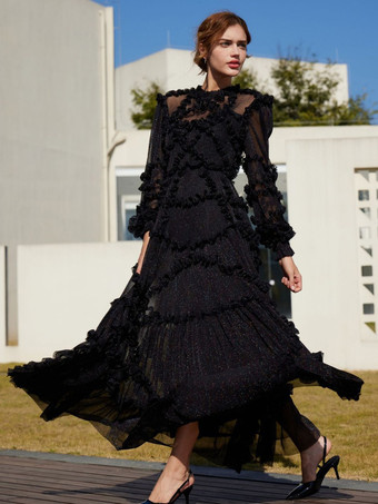 Vestido con volantes Ilusión Manga larga Cuello alto Vestidos largos de fiesta de tul