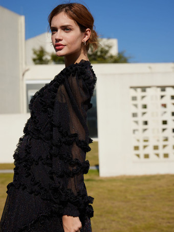 Vestido con volantes Ilusión Manga larga Cuello alto Vestidos largos de fiesta de tul