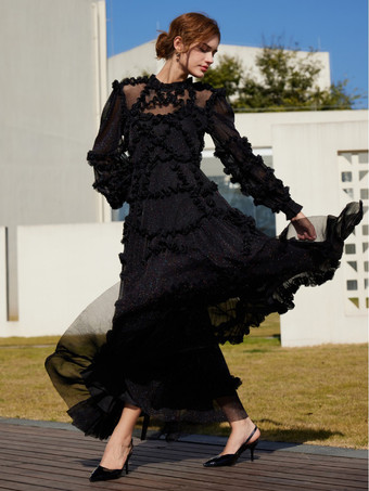 Vestido con volantes Ilusión Manga larga Cuello alto Vestidos largos de fiesta de tul