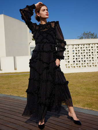 negro Vestido con volantes Ilusión Manga larga Cuello alto Vestidos largos de fiesta de tul