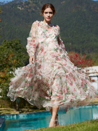 アプリコット花柄ドレス イリュージョンネックとスリーブ ハイカラー タード パーティー マキシドレス