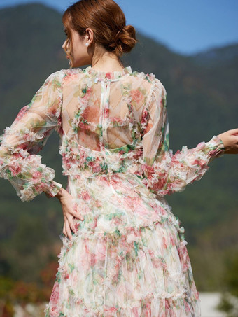 花柄ドレス イリュージョンネックとスリーブ ハイカラー タード パーティー マキシドレス