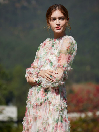 花柄ドレス イリュージョンネックとスリーブ ハイカラー タード パーティー マキシドレス