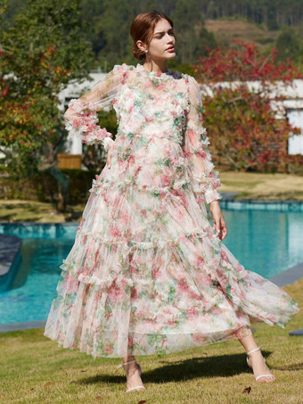 花柄ドレス イリュージョンネックとスリーブ ハイカラー タード パーティー マキシドレス