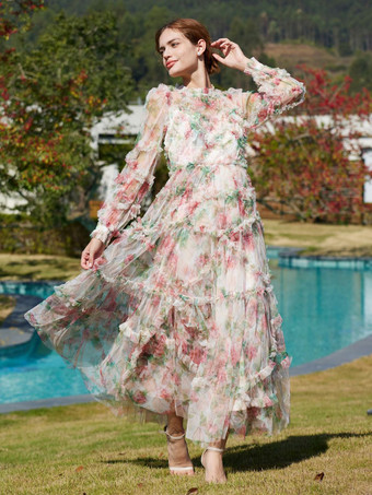 花柄ドレス イリュージョンネックとスリーブ ハイカラー タード パーティー マキシドレス