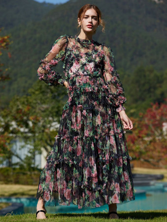 ブラック 花柄ドレス イリュージョンネックとスリーブ ハイカラー タード パーティー マキシドレス