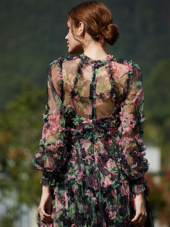 花柄ドレス イリュージョンネックとスリーブ ハイカラー タード パーティー マキシドレス